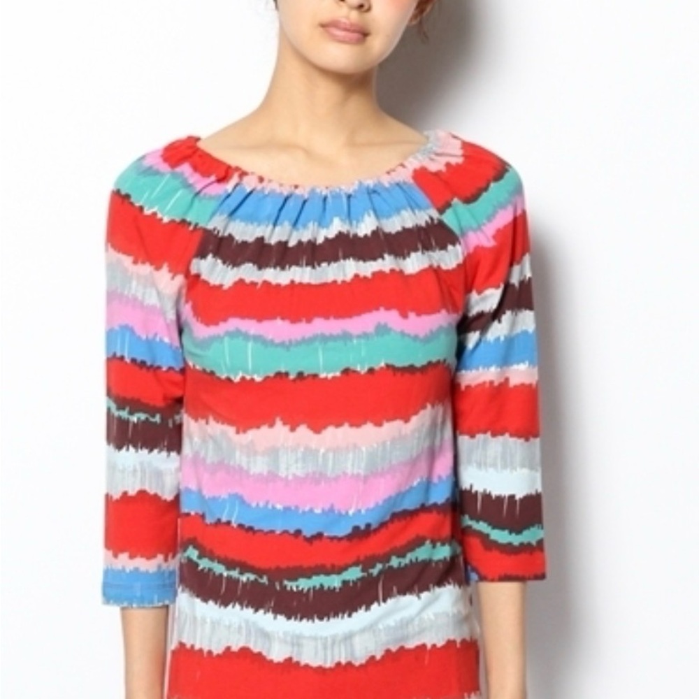 Marimekko Fontoni Red and Teal Striped Scoop neck shirt Top - medium